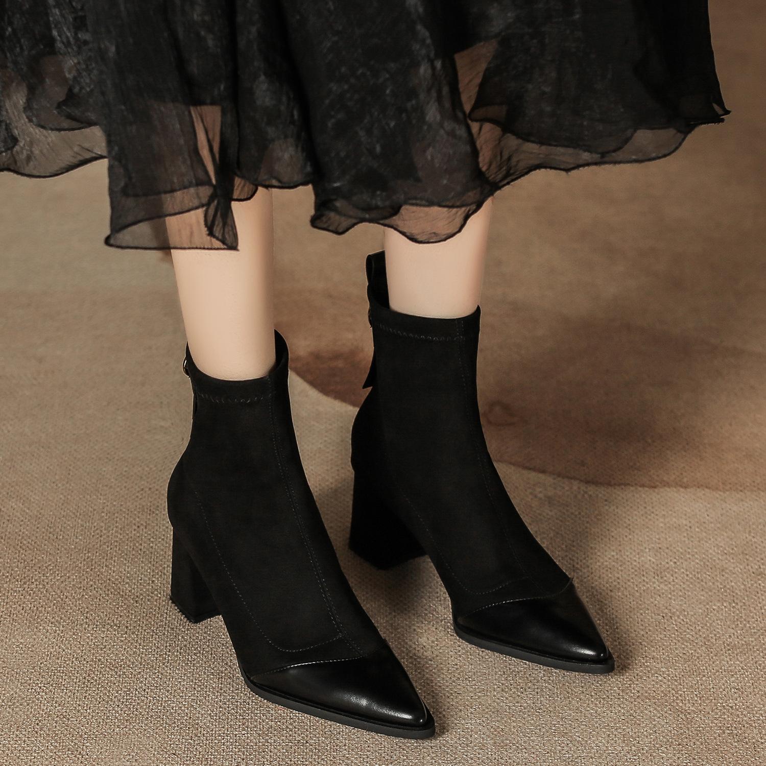 

Autumn and winter new elastic thin boots thick heel suede splicing short boots medium tube women s black thin low tube boots pointed 35