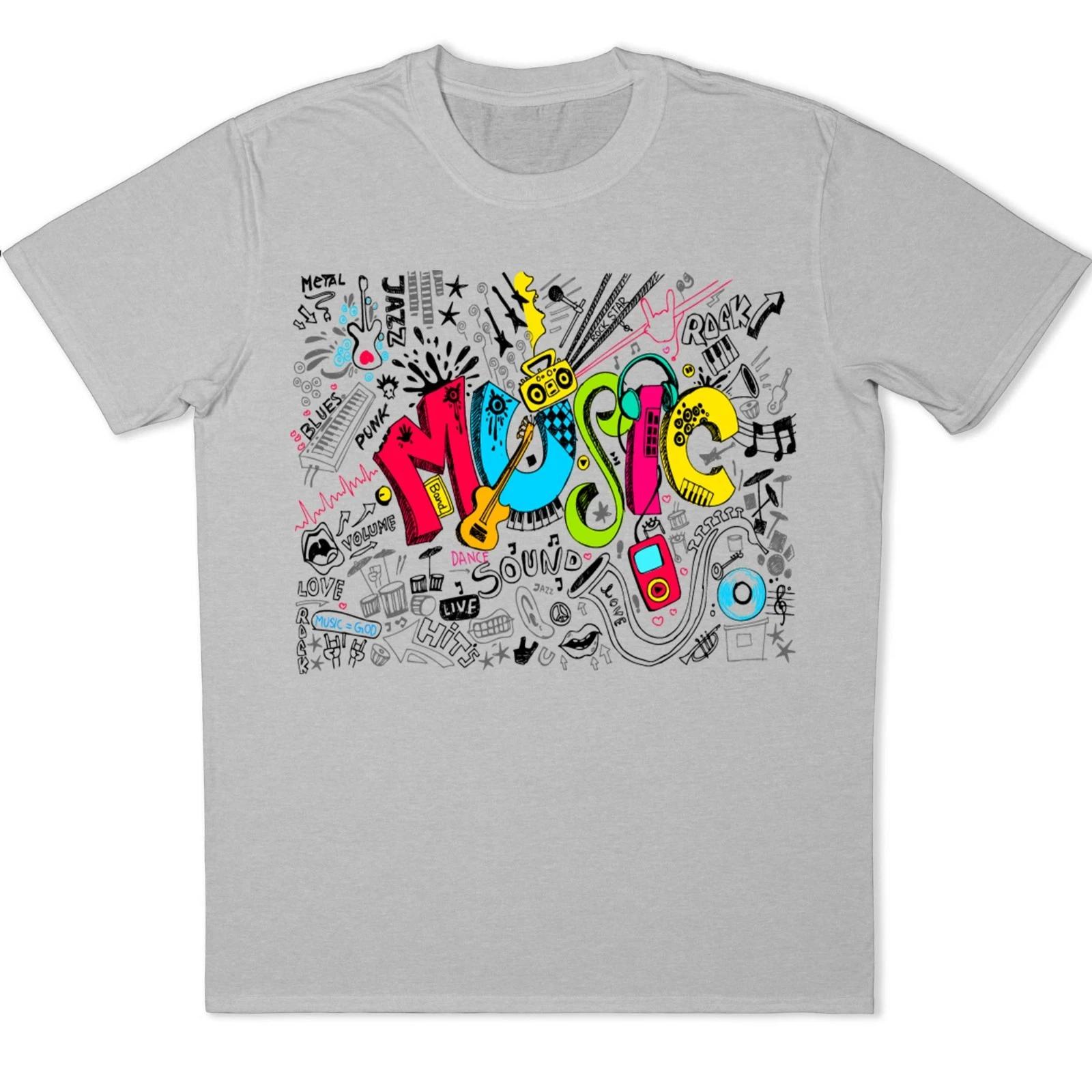 Music T Shirt Colourful Doodle DJ Rock Pop Jazz Festival Rave Lover Gift Tee XXL