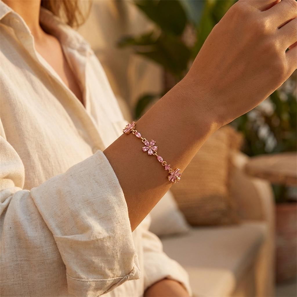 Romantic Colorful Crystal Flower Bracelet for Women Delicate Gold Color Cherry Blossom Chain Aesthetic Jewelry Valentine Gift