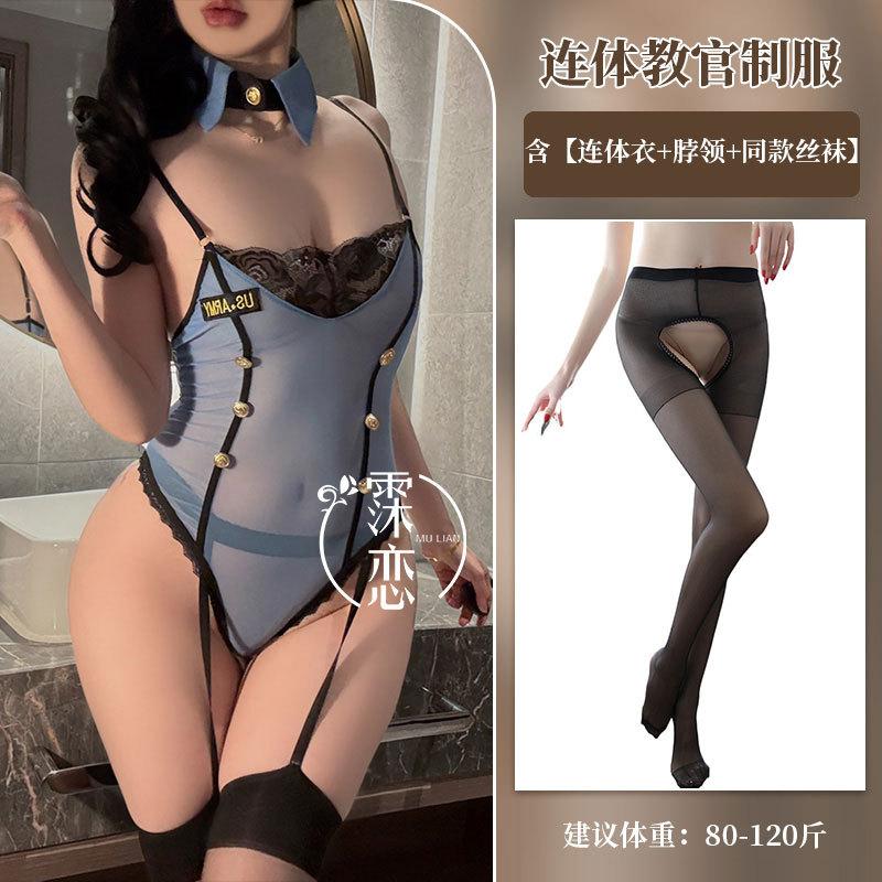 Sexy lingerie perspective open crotch female police instructor one-piece uniform lace splicing hot professional wear
