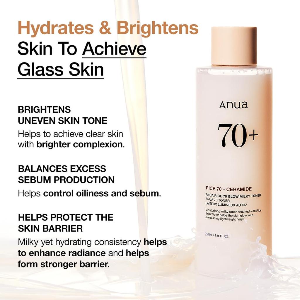 ANUA Rice 70 Glow Milky Toner 250ml - Moisturizing Toner, Skin Tone Care, Glowing Skin, Hydrating Toner, Suitable for Dry and Combination Skin, Skinca