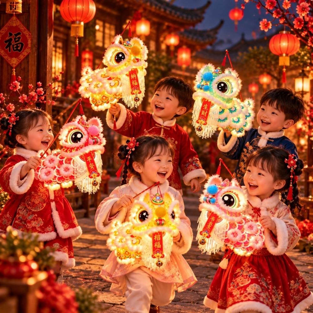 Cartoon Lion Dance Lantern Ancient Chinese Style Luminous Lantern Portable Lantern Spring Festival