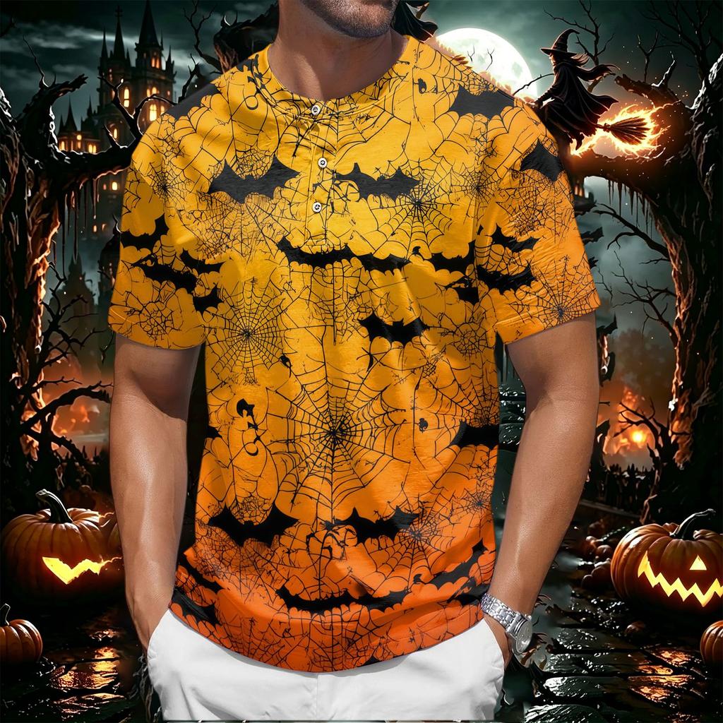 Men's Halloween Print Crew Neck Short Sleeve Top with Pumpkin and Web Pattern Casual Fit T Shirt for Daily Wear