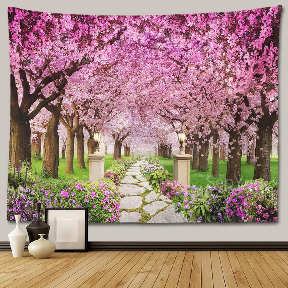 Cherry Blossom Decorative Wall Tapestry Home Decor Bedroom Landscape Large Fabric   Hanging Decoration  Murals
