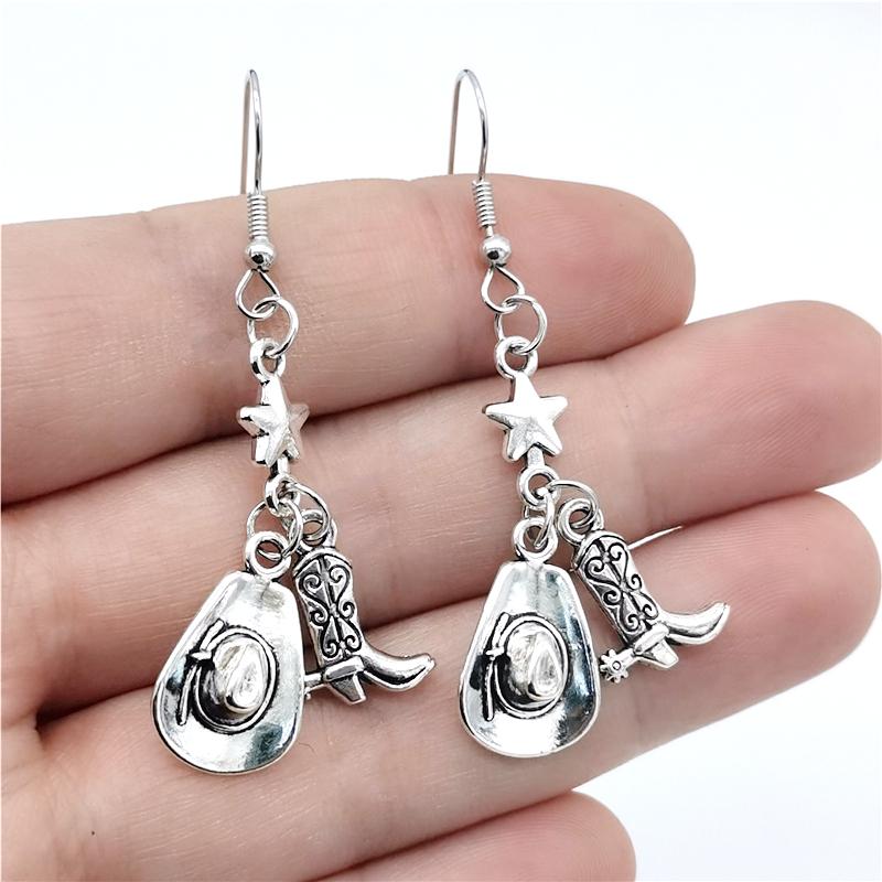 Moda Antyczny Srebrny Gwiazdkowy Urok Kowbojski Kapelusz Kowbojskie Buty Wisiorek Zwisające Kolczyki dla Kobiet Impreza Punk Biżuteria Prezenty