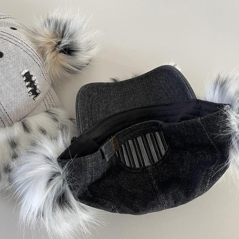 Fashionable Baseball Caps Unique Pompoms Furry Brim Dotted Pattern for Idol Concert Shows Stage Dance Headwear
