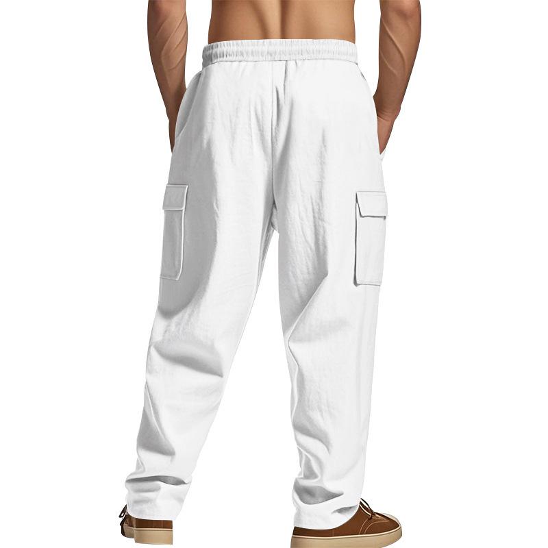 Men's linen trousers four seasons thin section breathable workwear multi-pocket loose casual trend wide-legged trousers