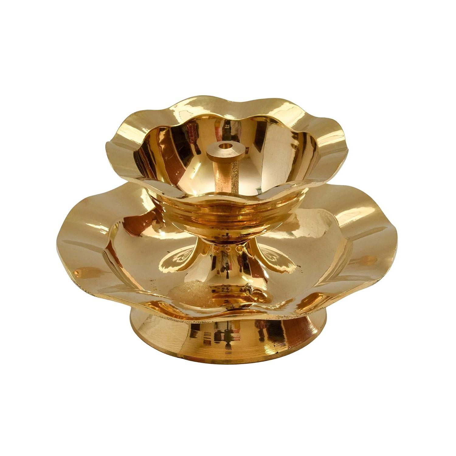 Bhimonee Decor Pure Brass Nanda Akhand Jyoth Table Diya | Traditional Plate Design Deepak for Pooja