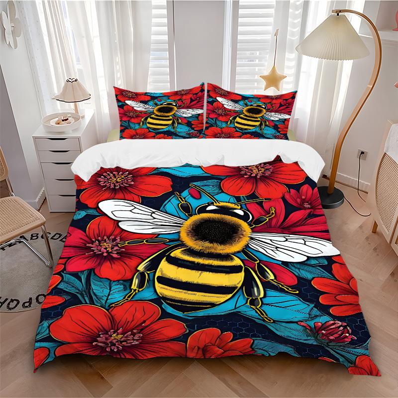 3pcs Bee Print Duvet Cover Set - Includes 1 Duvet Cover and 2 Pillowcases, No Quilt Core, All-Season Home Decor yy251111037