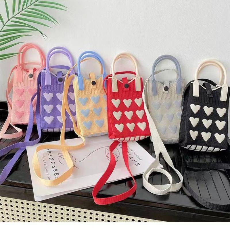 1 Peça Meninas Fofo Bolsas Transversais Ao Ar Livre Coreanas Mini Bolsa de Mão Quadrada Tricotada em Coração Para Mulheres Pequena Bolsa de Ombro para Celular