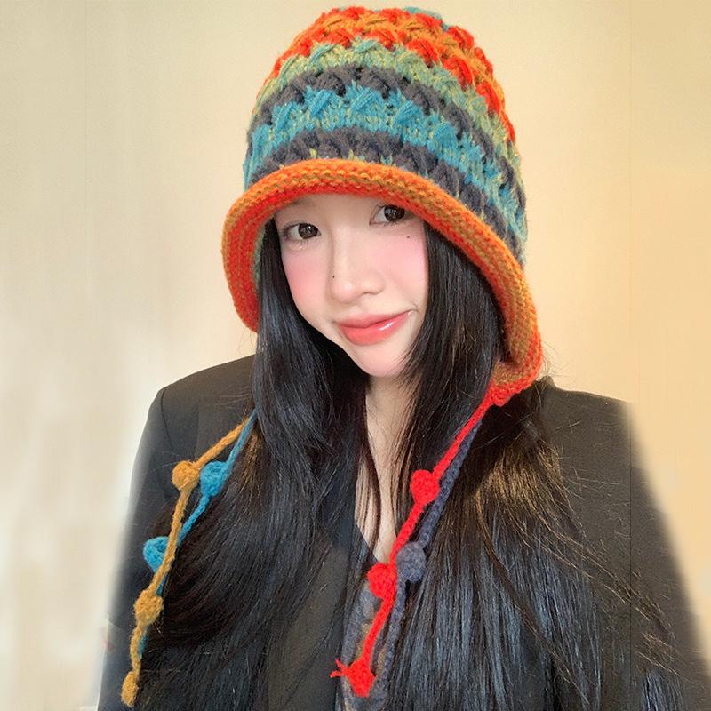 Personalized Fashion Hand Hook Colorful Ball Ladies Winter Student Hat Adult Versatile Knitted Hat Warm Ear Protection Tide