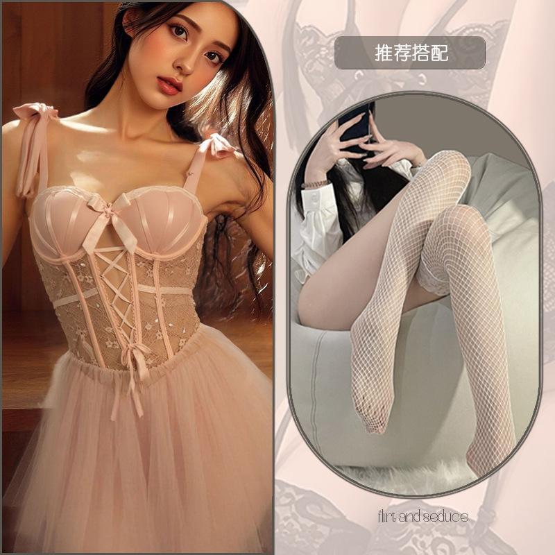 Sexy lingerie slim mesh perspective plus chest pad steel ring gathering women's suspender sex nightdress set