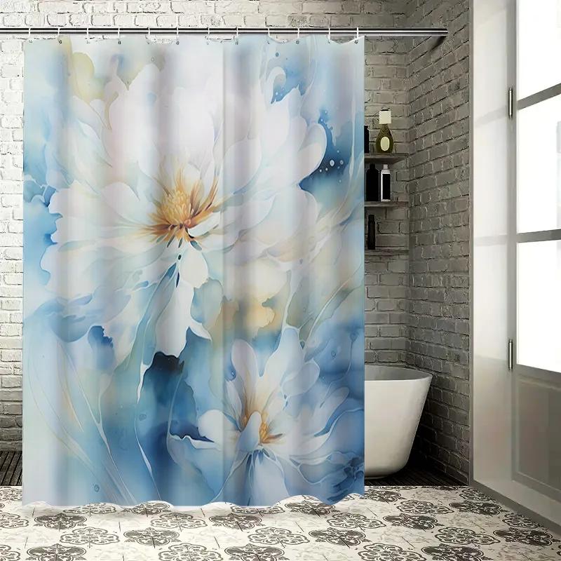 

Beautiful Blue White Flower Shower Curtain Bathroom Decor Set For Home Bathrooms Made From Waterproof Polyester Fabric With Hook W60H190(CM)-1 Pcs