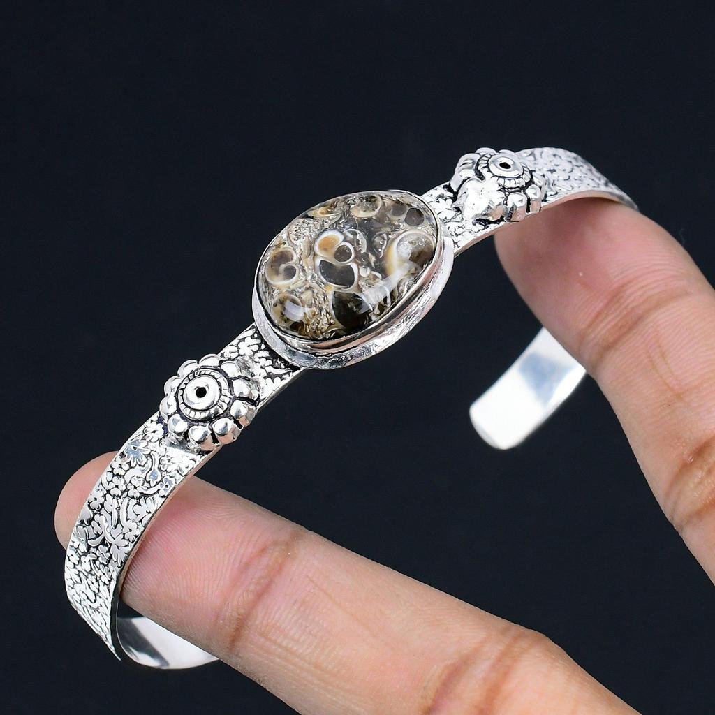 Natural Turritella Agate Gemstone Bangle Adjustable 925 Sterling Silver Jewelry