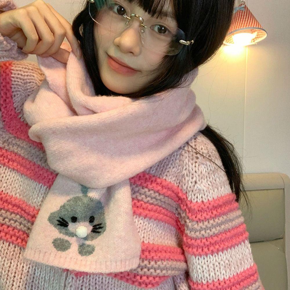 Sweet Cashmere Knitted Scarf Colorful Winter Neck Warmer Panda Cartoon Embroidery Scarf  Daily