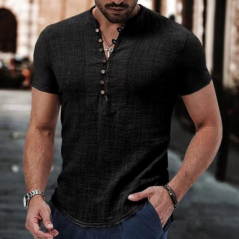 Popular Men's Linen Casual Shirt Plain V-neck Summer Casual Clothing