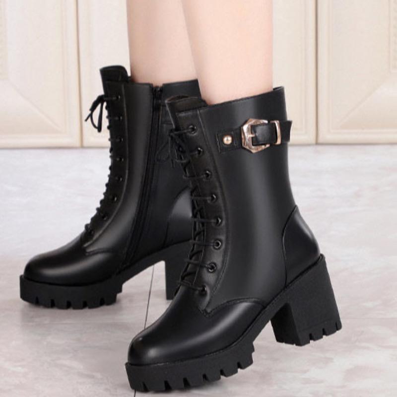 Boots women's spring and autumn single boots new Martin boots thick-heeled high-heeled winter shoes mid-tube plus velvet mother short boots