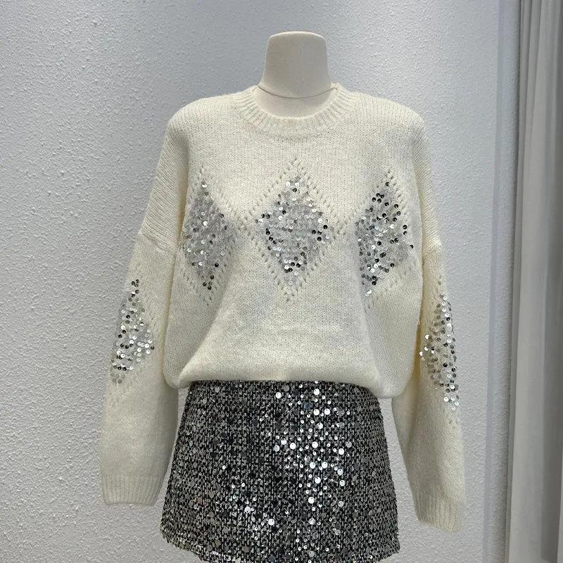 Női pulóver Ősz Tél Vastagított Pulóver Meleg Kötött Csíkos Kerek Nyakú Aláöltöző Rugalmas Hosszú Ujjú Oversize Kötött Felsők