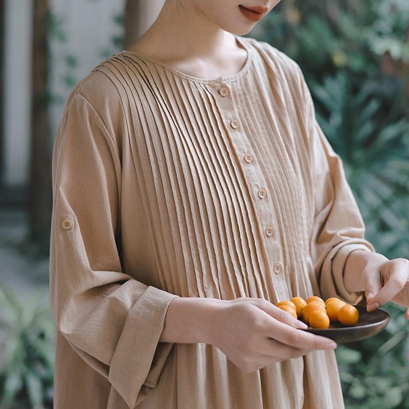 Johnature Women Spring O-Neck Long Sleeve Solid Color Vintage Single Breasted A-Line Dress