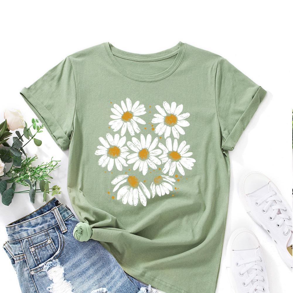Casual Flowers Cotton T-Shirt Short Sleeve Round Neck Women 2d Print Tops