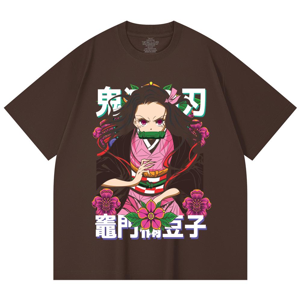 230 Gsm 100% Cotton Demon Slayer V70 Nezuko Flower Print Unisex Heavy Cotton T Shirt
