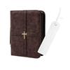 Stylish Black Leather Scripture Case Displaying Stitched Emblem And Multiple Storage Sections