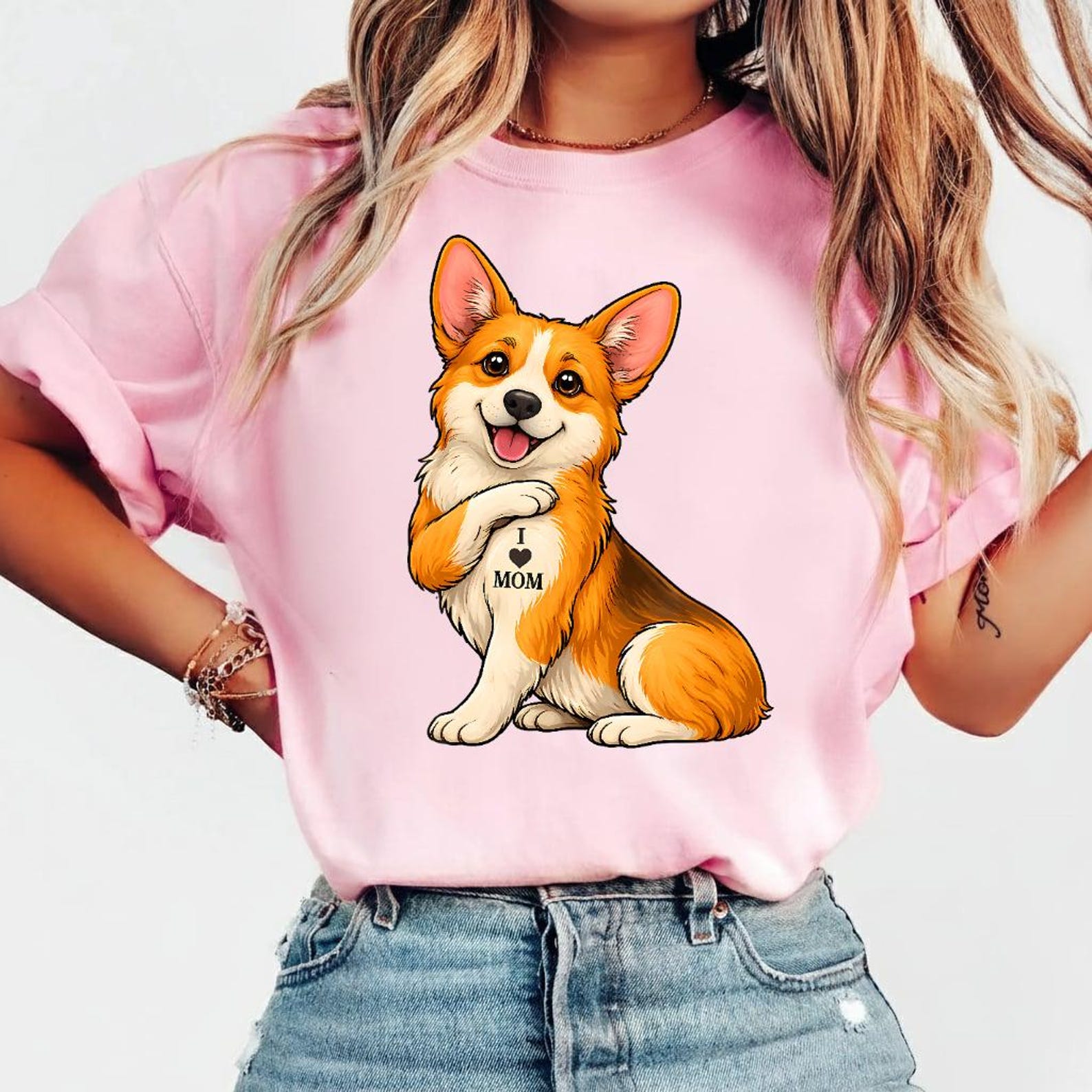 I Love Mom Tattoo Corgi Shirt, Funny Dog Lover Mothers Day Gift, Corgi Mom Tee, Cute Tattoo Dog, Corgi Lover Gift, Pet Owner 2XL