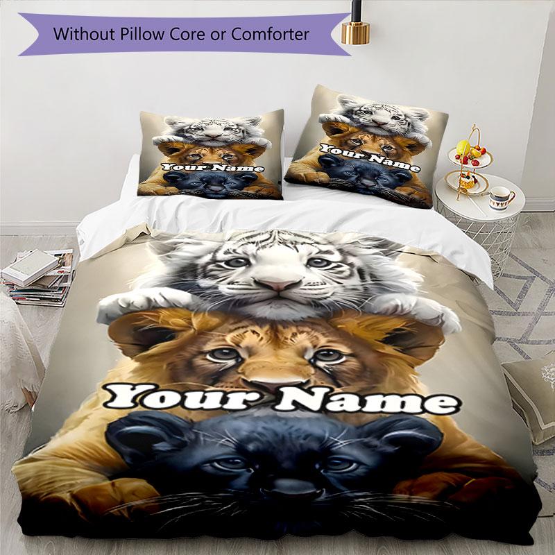 3PC Custom Name Tiger, Lion, Panther Stack Bedding Set Duvet Cover Closure Includes 1 Duvet Cover & 2 Pillowcases for Bedroom