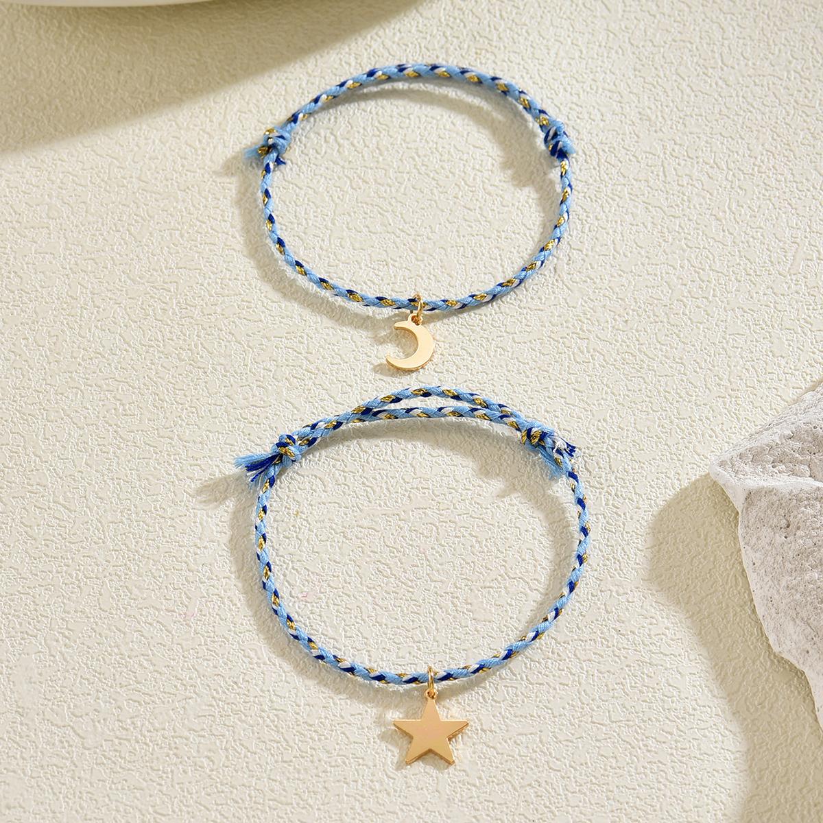 

Boho Star Moon Charm Bracelet Set Women 2Pcs Blue Braided Cord Friendship Bracelets Adjustable String Bracelet For Daily Wear