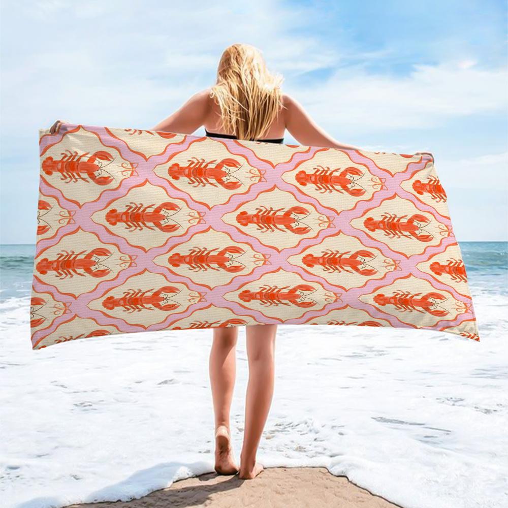 Cute Cartoon Lobster Print Beach Towel, Fun Seafood Art Quick-Dry Sand-Free Microfiber Bath Towel for Swimming, Gym and Travel