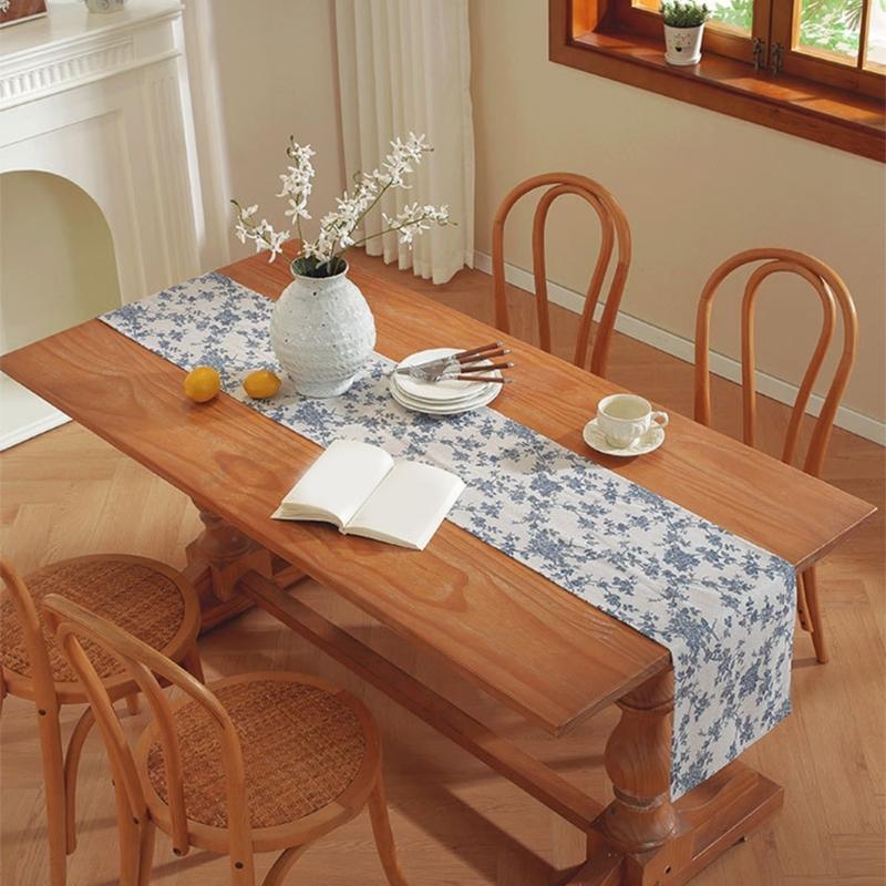 Tischdecke aus Baumwoll-Leinen mit blauem Blumenmuster im Landhausstil, waschbar, robust, in verschiedenen Größen erhältlich