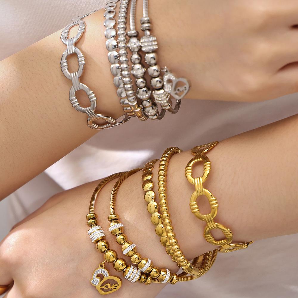 18K Gold-Plated Stainless Steel Geometric Zircon Bracelet Set - European & American Style, Personalized High-Texture Design.