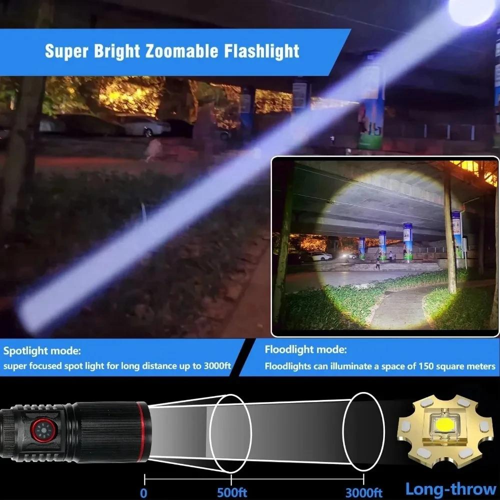 30W High Bright LED Flashlight High Power Type C Rechargeable Zoom Torch Camping Outdoor Hunting Fishing Walking Lighting Lamp