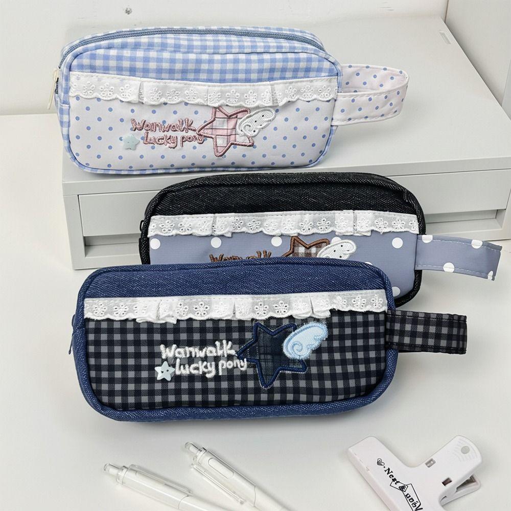 Lace Plaid Print Pen Bag With Handle Stationery Bag New Stationery Organizer Gift