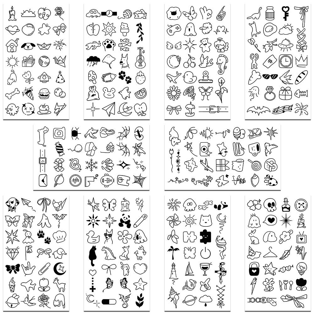 

10 листов мультяшных черных маленьких узорчатых тату-наклеек для рук, лица, тела, временные декоративные татуировки-наклейки для детских вечеринок