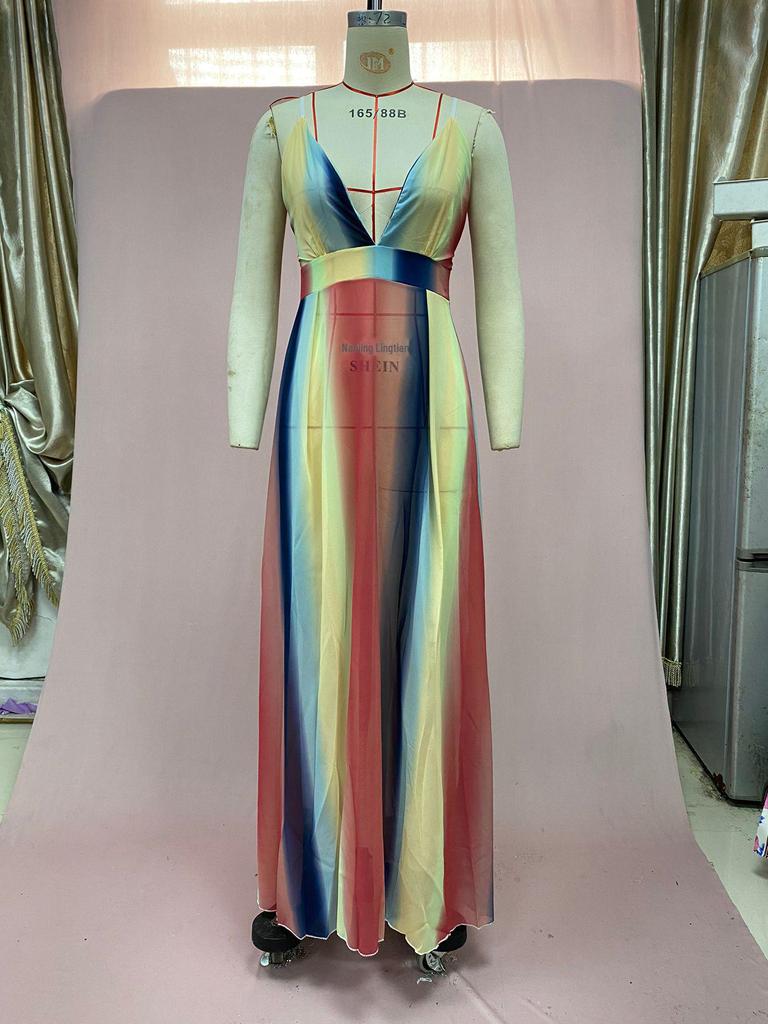 2025 Chiffon Digital Print Rainbow Gradient Maxi Swing Dress