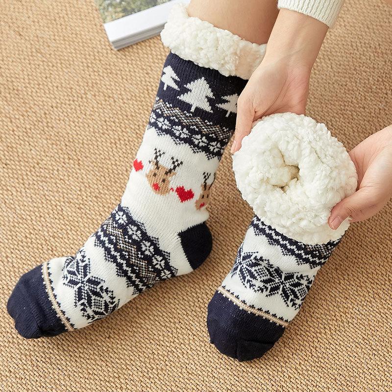 Women's Winter Velvet and Thick Christmas Glue Non Slip Home Sleeping Moon Floor Socks