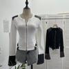 Herbst PU-Leder Patchwork Langarm Reißverschluss Strickjacke Fleece Oberteil 2797