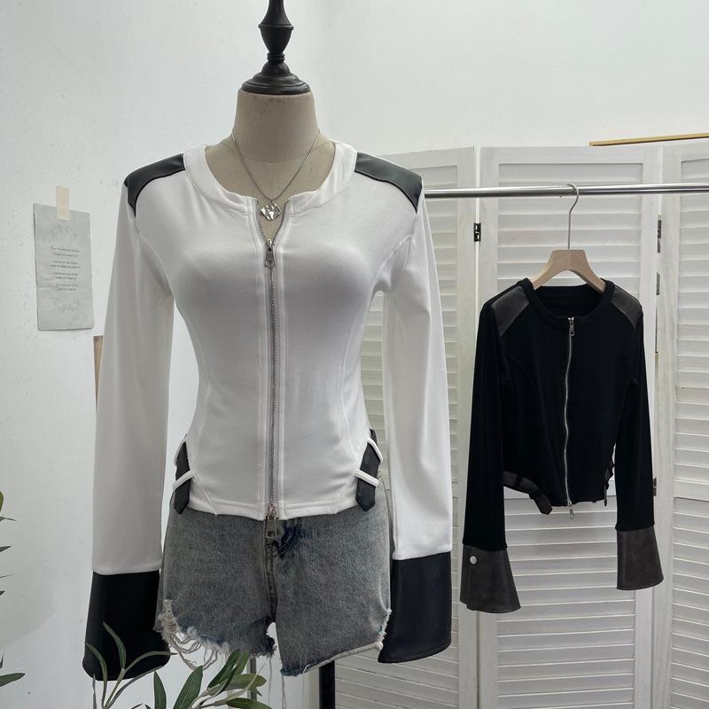 Herbst PU-Leder Patchwork Langarm Reißverschluss Strickjacke Fleece Oberteil 2797
