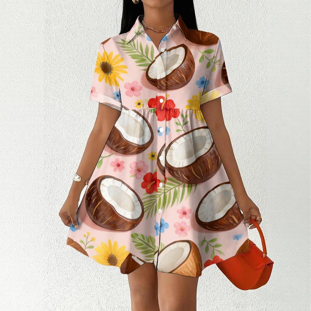 Women Casual Loose Fit Shirt Dress Button Front Stand Collar Short Sleeve Hawaiian Print Summer Dress