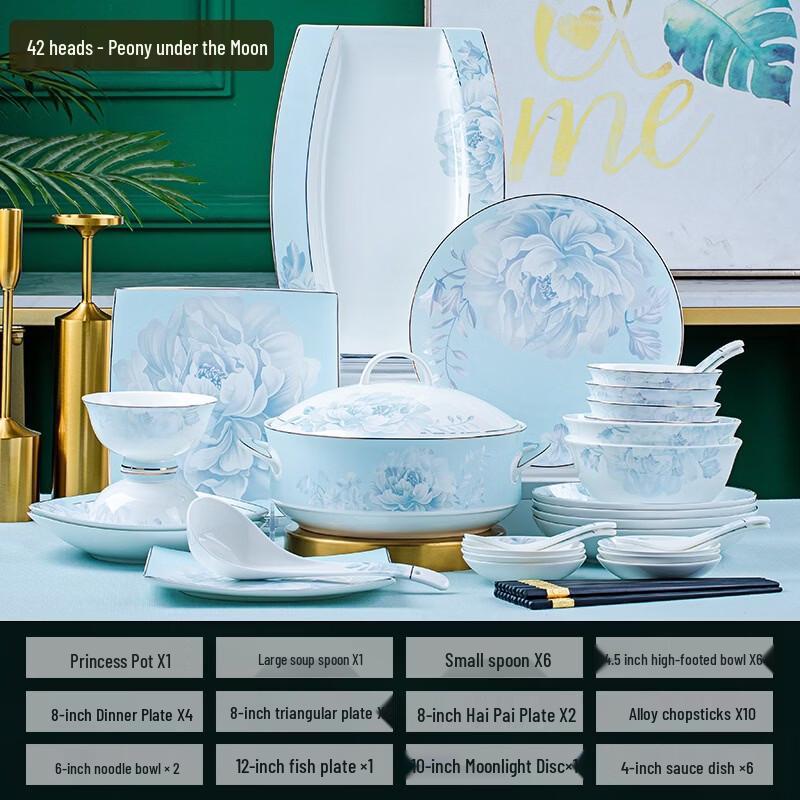 Abay Moonlight Peony 42-Piece Bone China Dinnerware Set
