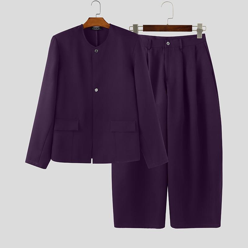 

INCERUN Мужские комплекты Пальто с длинным рукавом и Длинные брюки Повседневные костюмы 5XL фиолетовый