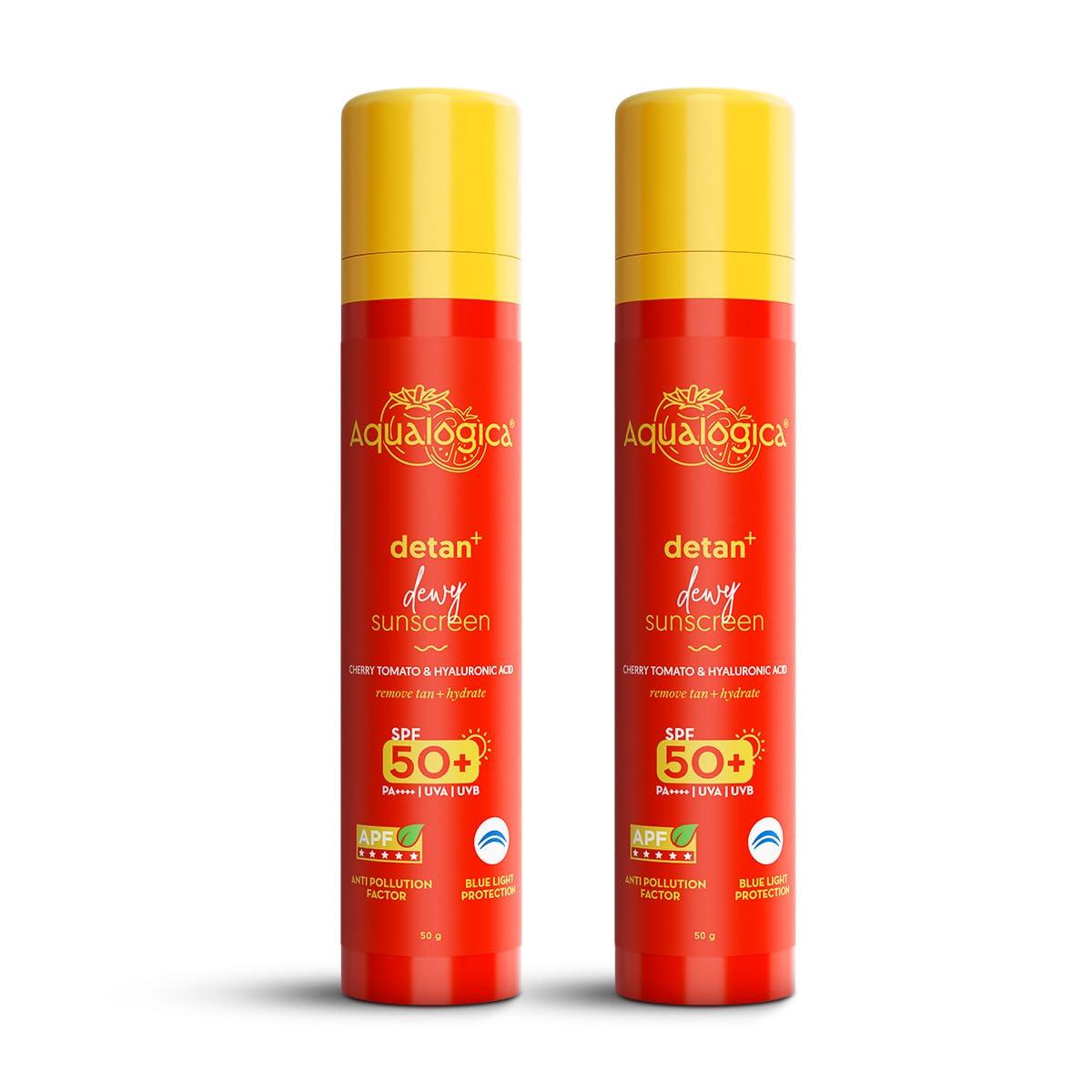 Aqualogica All Detan+ Dewy Sunscreen Gel SPF 50+ PA++++ Lightweight Daily UV Protection Non Greasy Glow Finish 50g (Pack of 2)