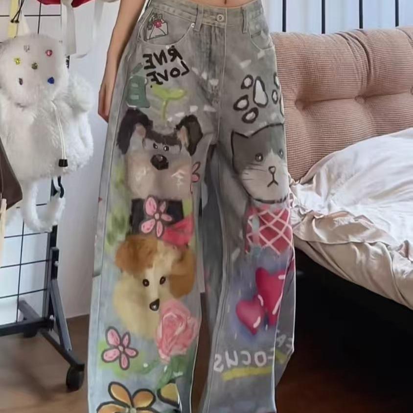 Nové džíny s grafitti vzorem pro ženy, rovný střih, retro, ležérní, široké kalhoty pro muže i ženy