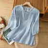 T-shirt z krótkim rękawem Damski Haftowana Koronka Cienka Koszula Bawełniana i Lniana Top