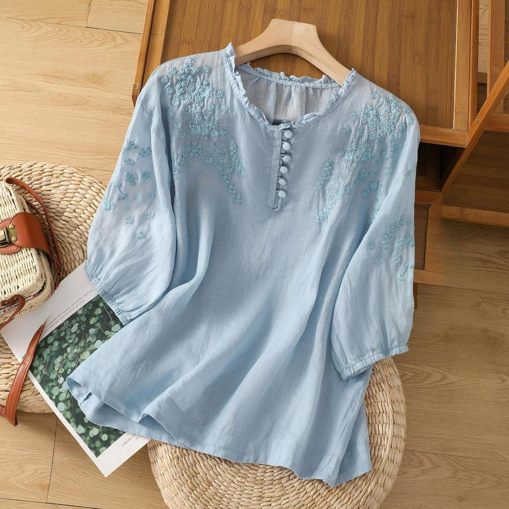 Short-sleeved T-shirt Women's Embroidered Lace Thin Cotton and Linen Shirt Top