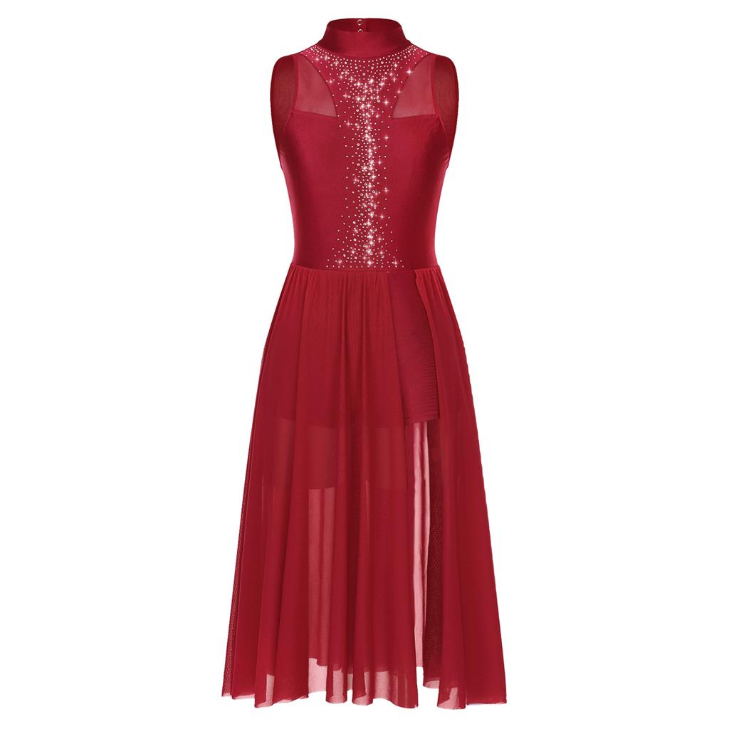 Frauen Asymmetrisches Ballettkleid Strass Ballsaal Lyrische zeitgenössische moderne Tanzkostüme Bühnenkostüm Trikotkleid