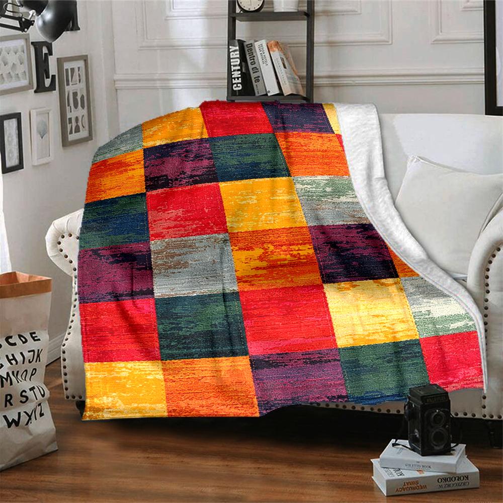 1Pc Abstract Colorful Squares Rug Blanket Soft And Comfortable Casual Warm Camping Travel Christmas Halloween Xmas Gift M928269
