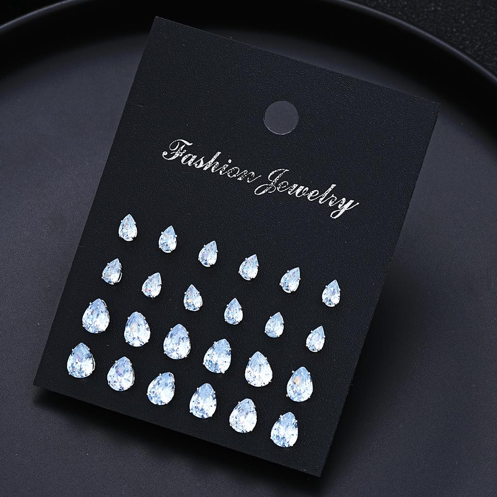 24 Pcs Shiny Zircon Stud Earrings Set for Women Daily Versatile Chic Silver Color Crystal Water Drop Ear Jewelry Accessories New
