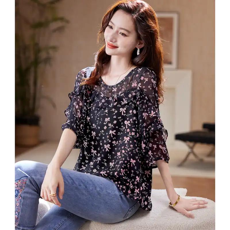 

Summer Round Neck Pink Bow Print Short Sleeved Western-style Casual Versatile Age Reducing Chiffon Shirt for Women All Match Top L бежевий
